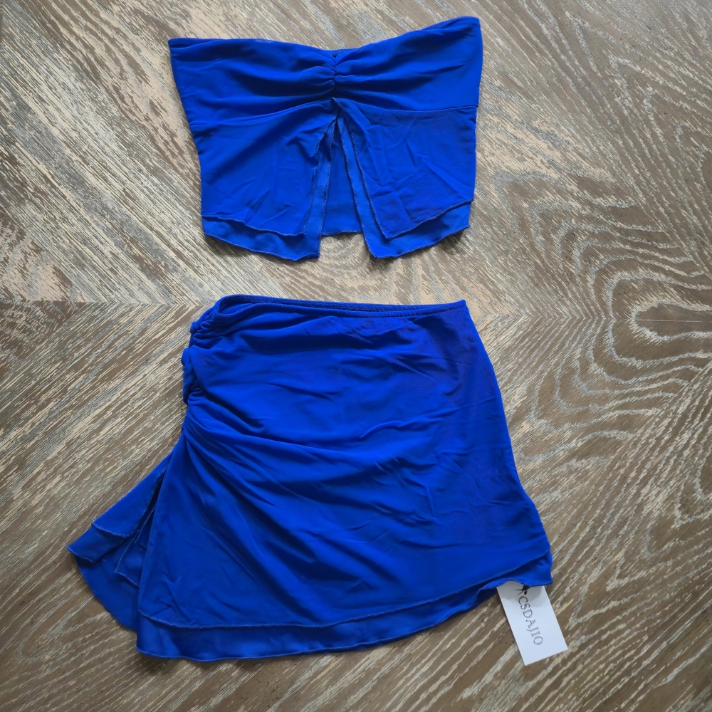 Cobalt Blue Mesh 2-Piece Set XS – Strapless Tube Top + Ruffle Mini Skirt